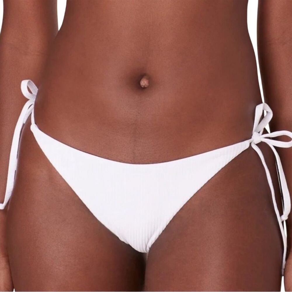 Andie Swim Women's String Bikini Bottom White Ribbed Size Large Side Ties 2739